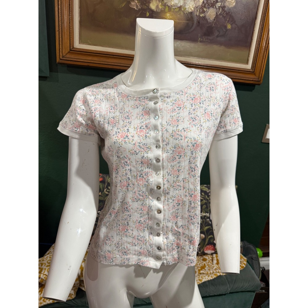 Hunt Club Petite Floral Ribbed Short Sleeve Cardigan Button Front Top Small